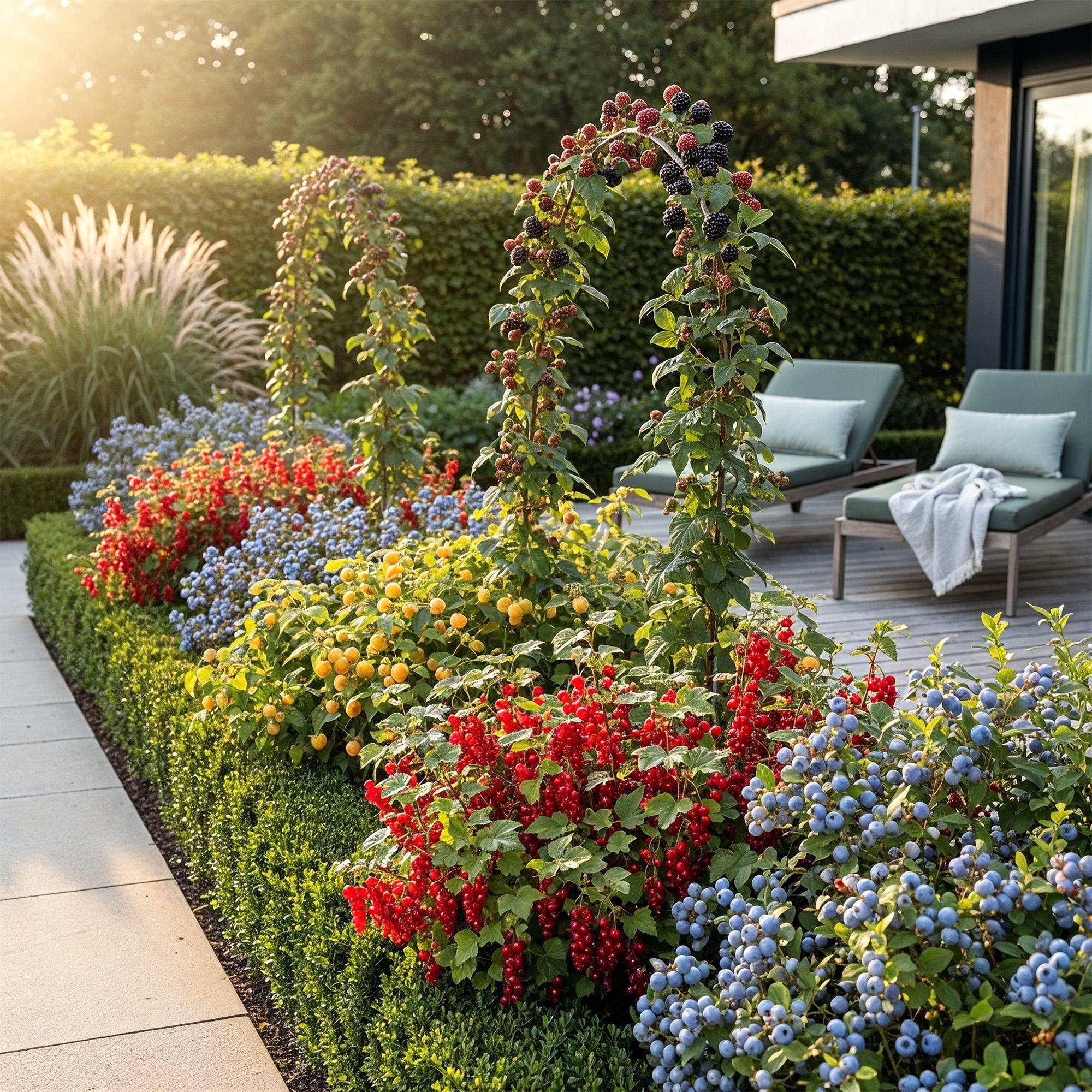 Obstpflanzen Set winterhart 4 Pflanzen Ø9cm Höhe 30cm – Rote Johannisbeere Gelbe Himbeere Schwarze Brombeere Blaubeere – Für Garten Balkon & Terrasse