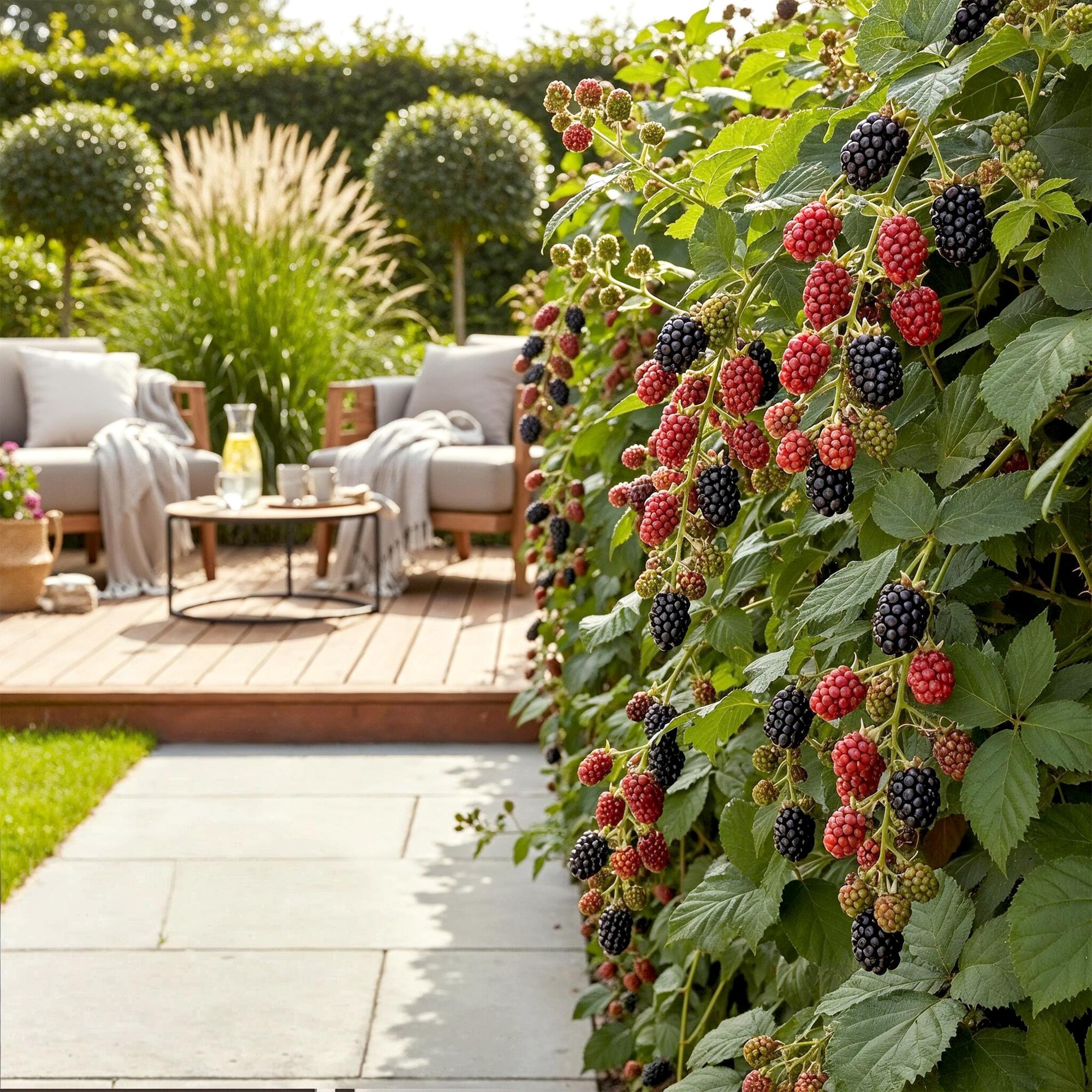 Dornenlose Brombeerpflanzen Rubus fruticosus Thornfree winterhart 3 Pflanzen Höhe 30cm Ø9cm – Schwarze Brombeere für Garten Beet Balkon & Topf