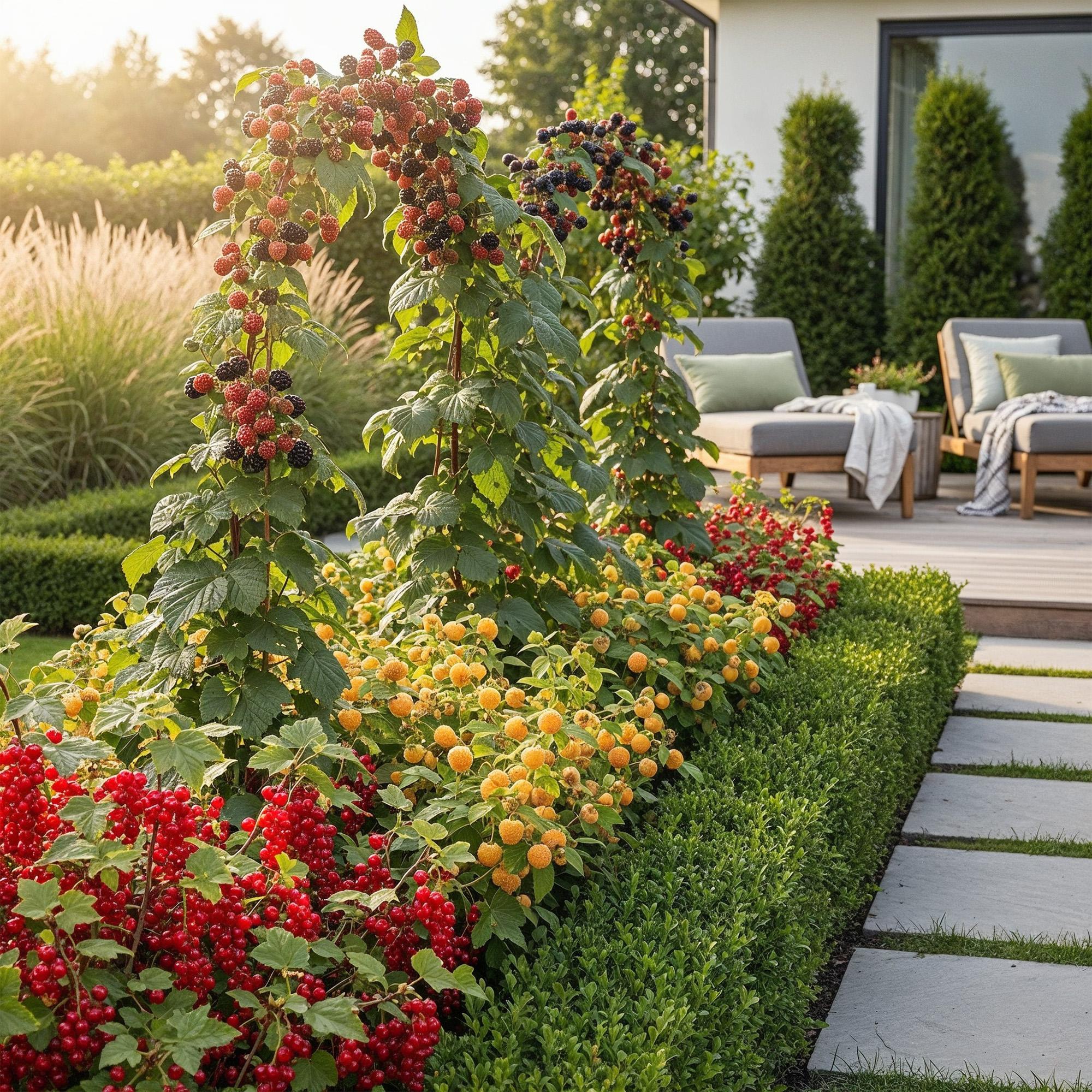 Obstpflanzen Set winterhart 3 Pflanzen Ø9cm Höhe 30cm – Rote Johannisbeere Gelbe Himbeere Schwarze Brombeere – Ideal für Garten Beet Balkon & Terrasse