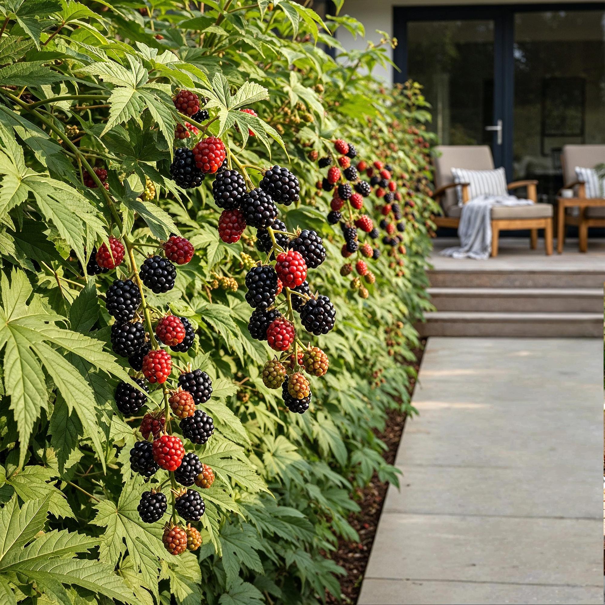 Immergrüne Brombeere Rubus fruticosus Thornless Evergreen frosthart 3 Pflanzen Ø9cm Höhe30cm – Dornenlose schwarze Brombeere für Garten & Balkon