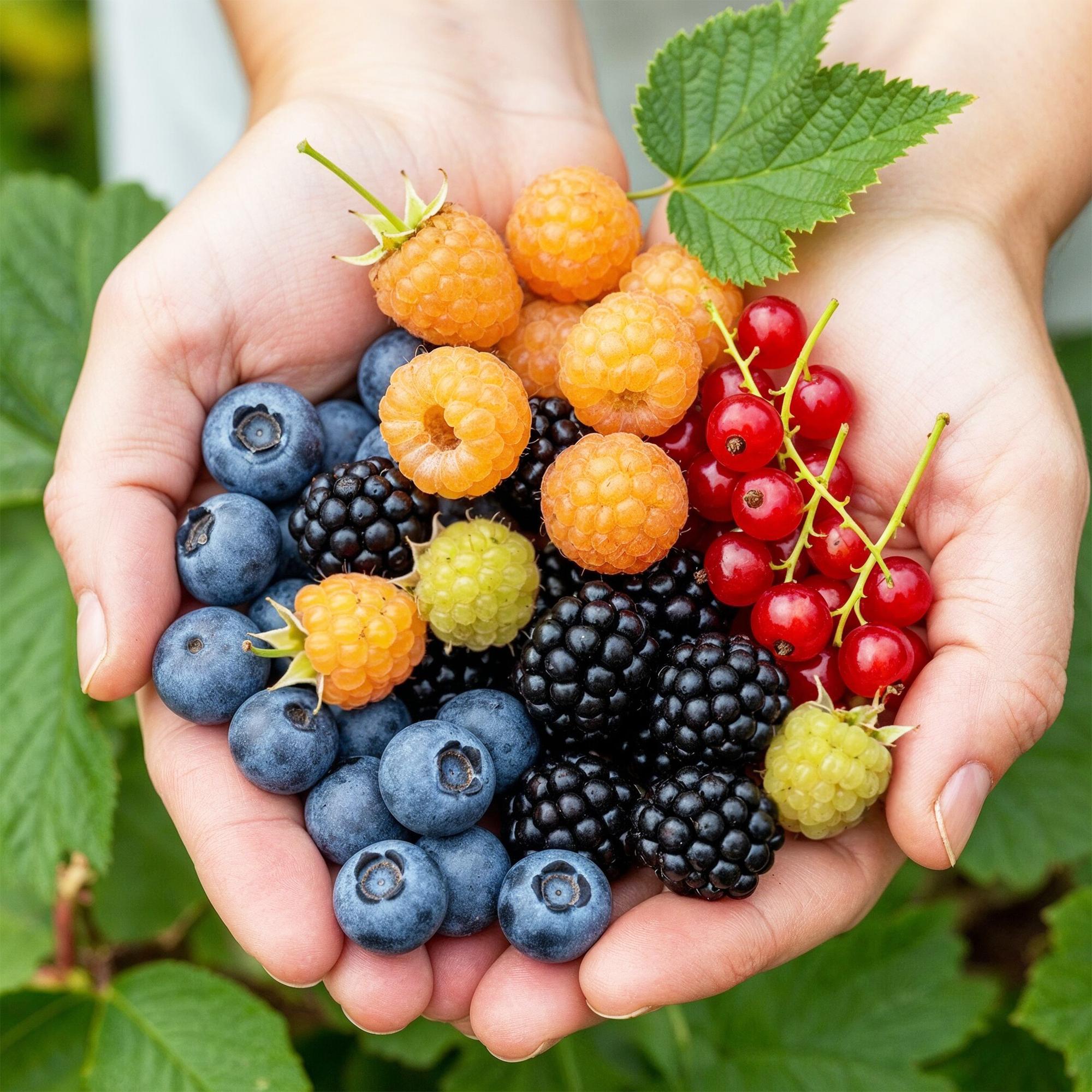 Obstpflanzen Set winterhart 4 Pflanzen Ø9cm Höhe 30cm – Rote Johannisbeere Gelbe Himbeere Schwarze Brombeere Blaubeere – Für Garten Balkon & Terrasse