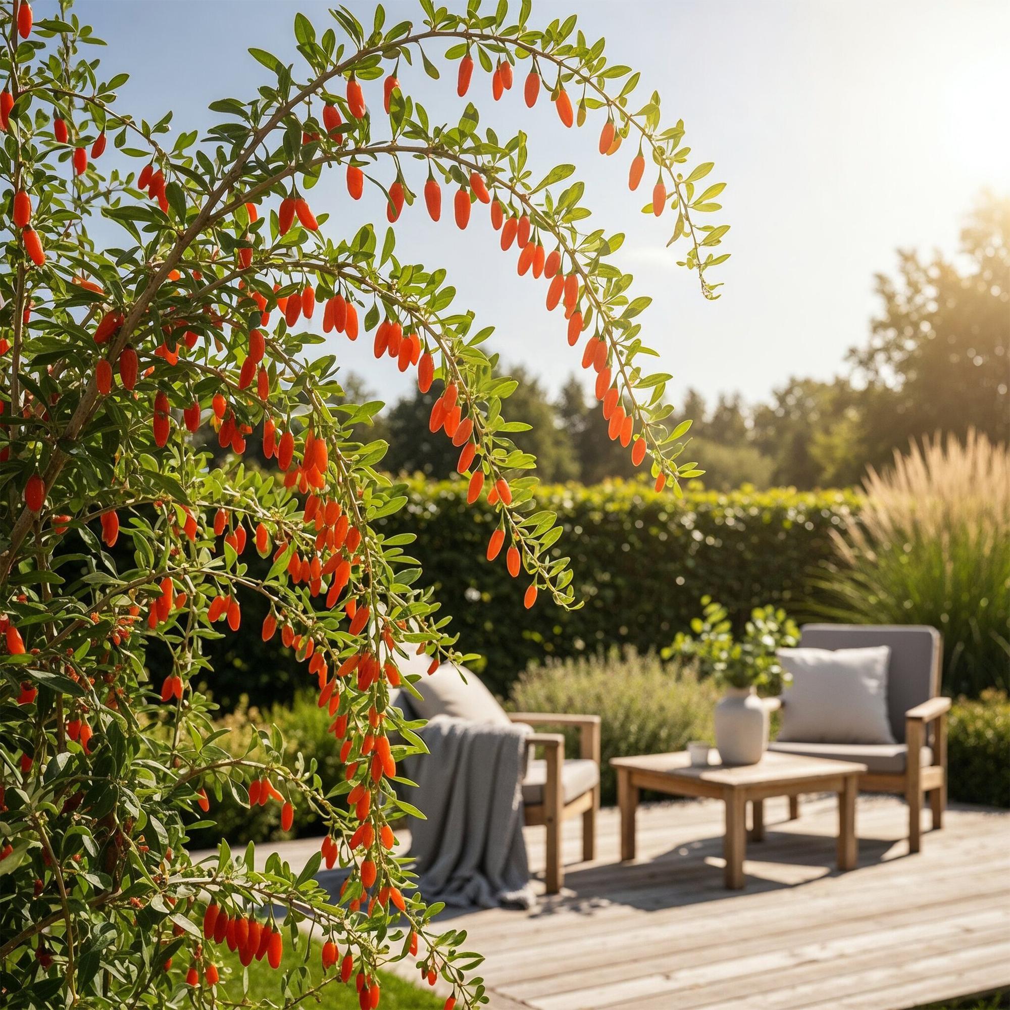 Goji-Beere Lycium barbarum winterhart 3 Pflanzen Ø9cm Höhe 30cm – Rote orange Beerenpflanze für Garten Beet Balkon & Terrasse